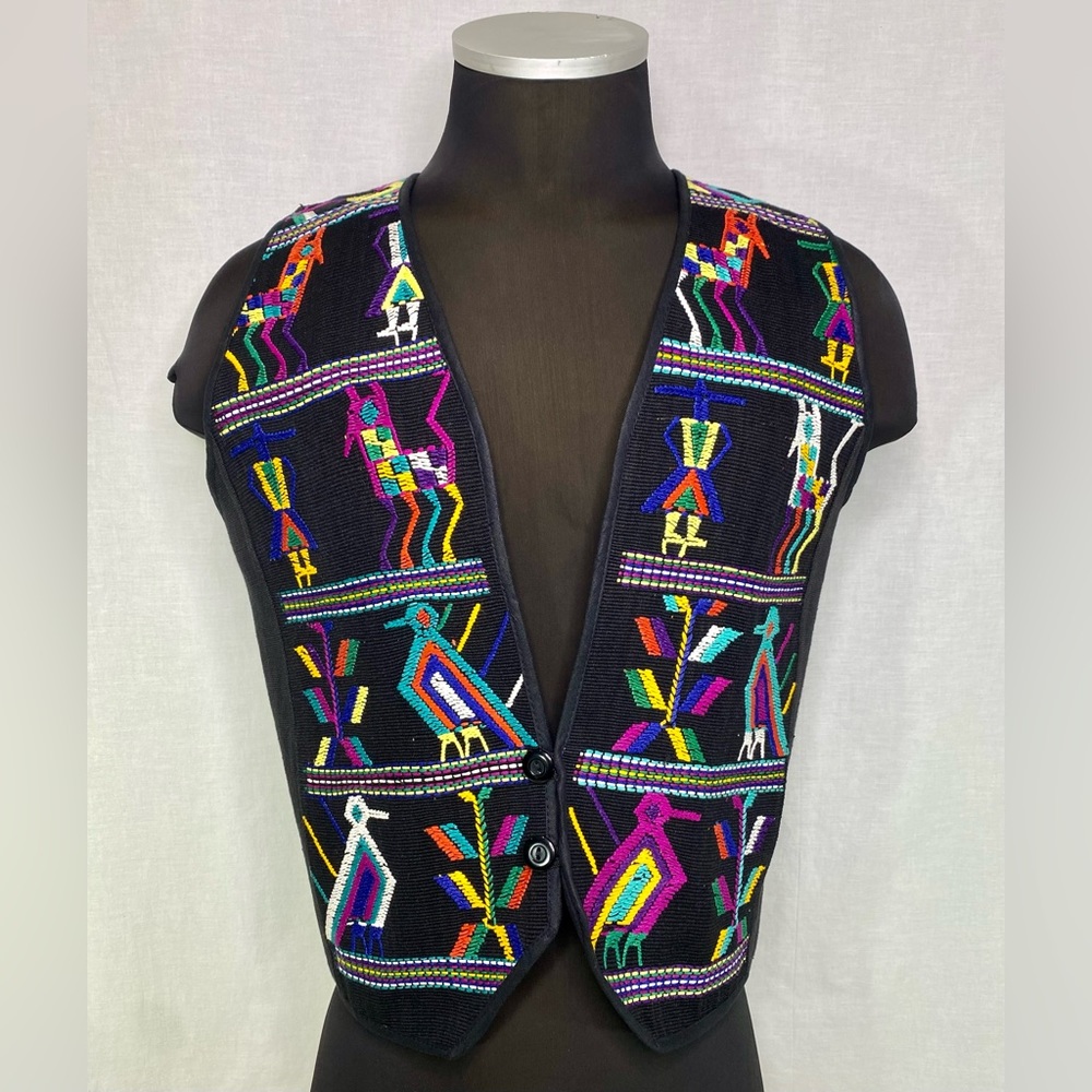 Vintage Guatemala Vest Black Size S/M Multicolor Mayan Embroidered Folk Art